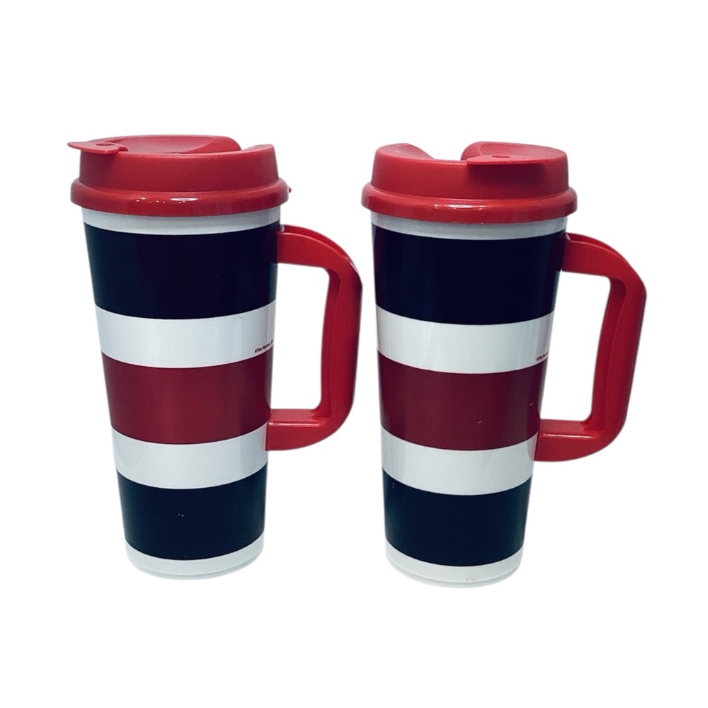 💚 Pair of Plastic Tim Hortons Striped Travel Mugs